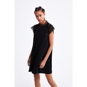 Zara XL black mini dress with lace mock neck and cap sleeves